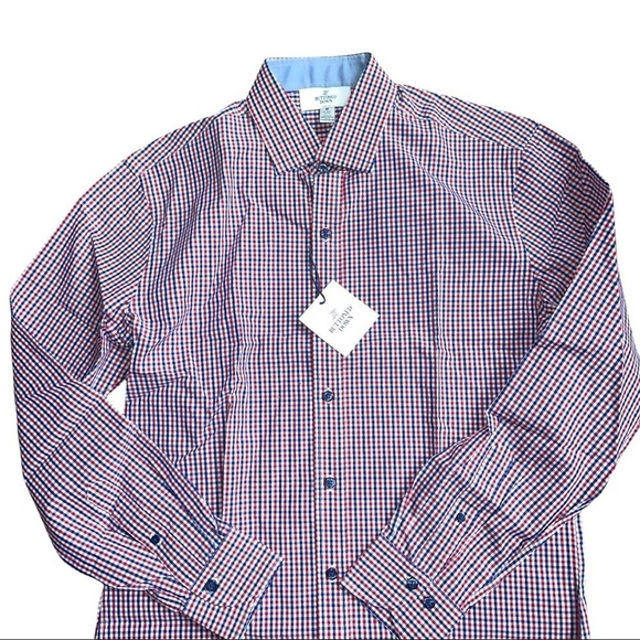 Men's 15.5 Buttoned Down Slim Fit Blue Red Tattersall Check Casual Dress… - Picture 2 of 10